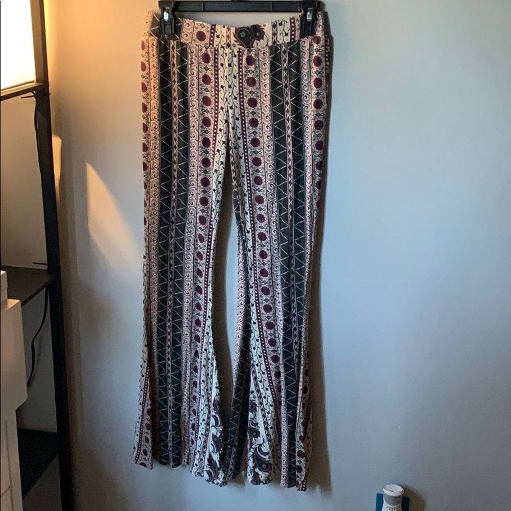 maroon pattern flare pants
